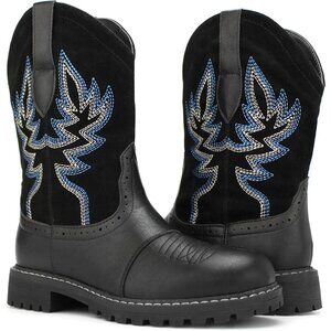 Hawkwell Women's Black Fashion Mid Calf Round Toe Embroidered Western Boots